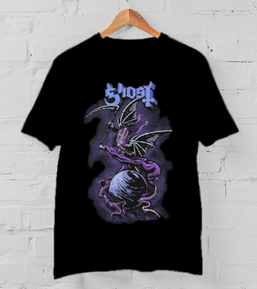 Ghost Papa V Perpetua Grim Reaper Purple Bat Wings Earth Scythe T-Shirt