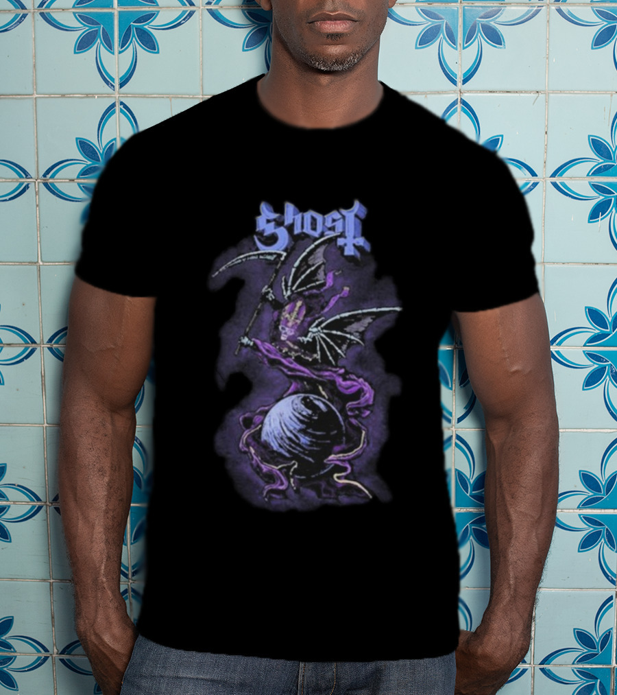 Ghost Papa V Perpetua Grim Reaper Purple Bat Wings Earth Scythe T-Shirt