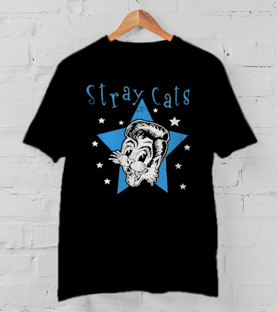Stray Cats Rockabilly Star Cartoon Face With Blue Star T-Shirt