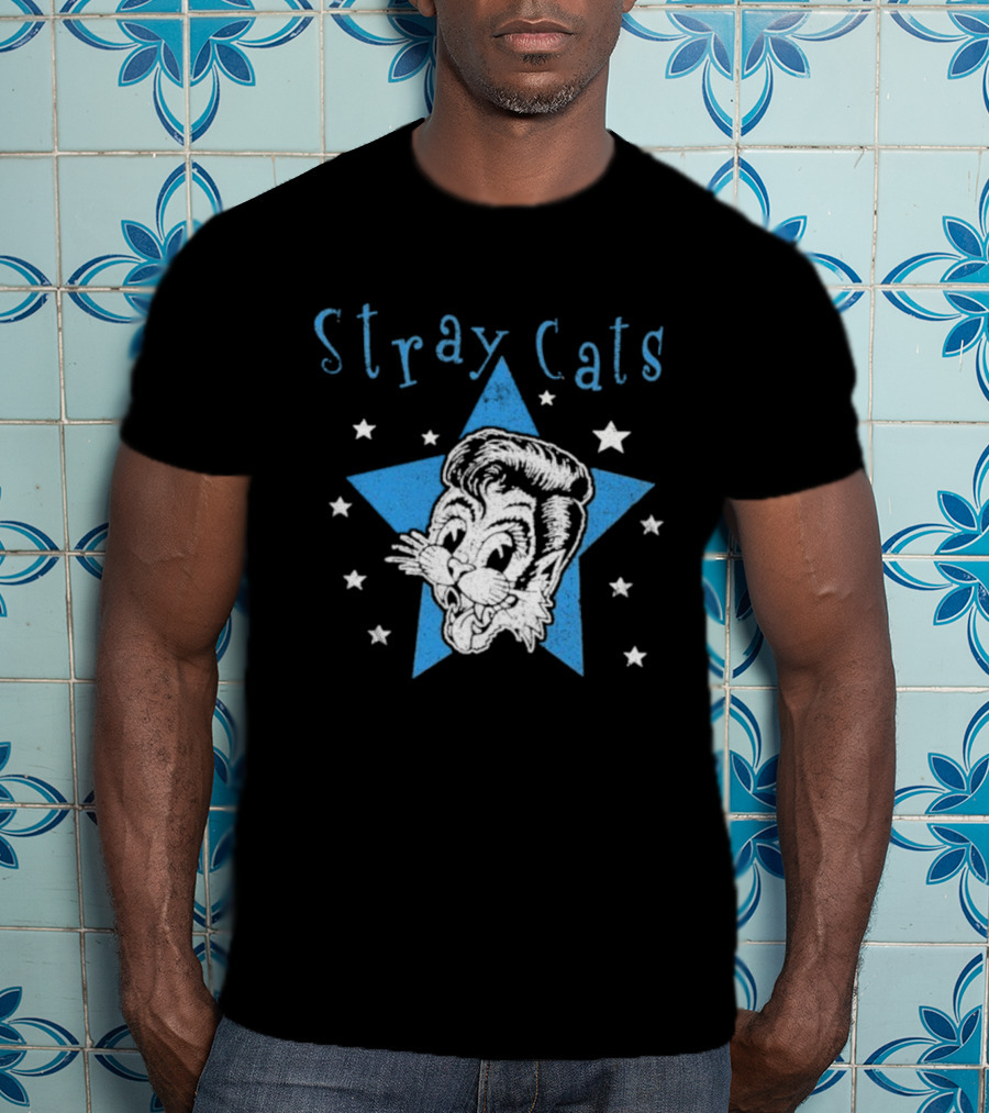 Stray Cats Rockabilly Star Cartoon Face With Blue Star T-Shirt