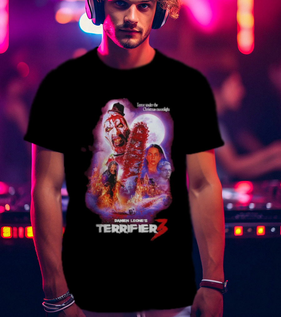 Damien Leone's Terrifier 3 Under The Christmas Moonlight Chainsaw Clown Horror T-Shirt