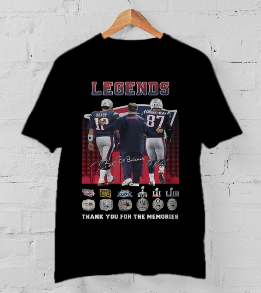 LEGENDS Brady Gronkowski Belichick New England Patriots Thank You For The Memories NFL Rings T-Shirt