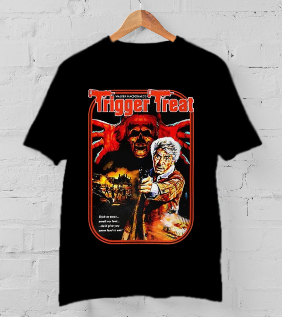 Walker Macdonald’s Trigger Treat Trick Or Treat Horror Skull And Shooter Scene T-Shirt