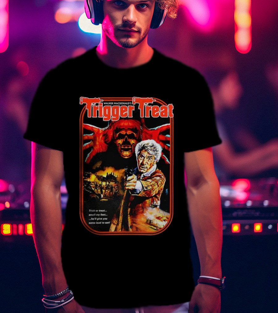 Walker Macdonald’s Trigger Treat Trick Or Treat Horror Skull And Shooter Scene T-Shirt