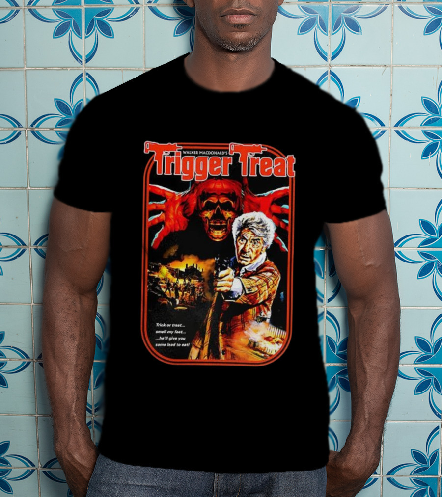 Walker Macdonald’s Trigger Treat Trick Or Treat Horror Skull And Shooter Scene T-Shirt