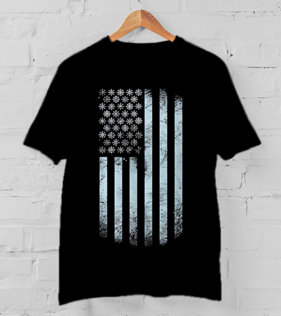 Winter Snowflakes American Flags Blue Stripe USA T-Shirt