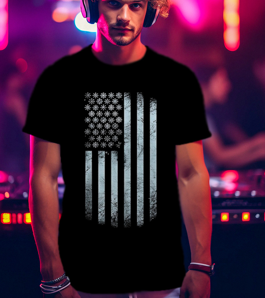 Winter Snowflakes American Flags Blue Stripe USA T-Shirt