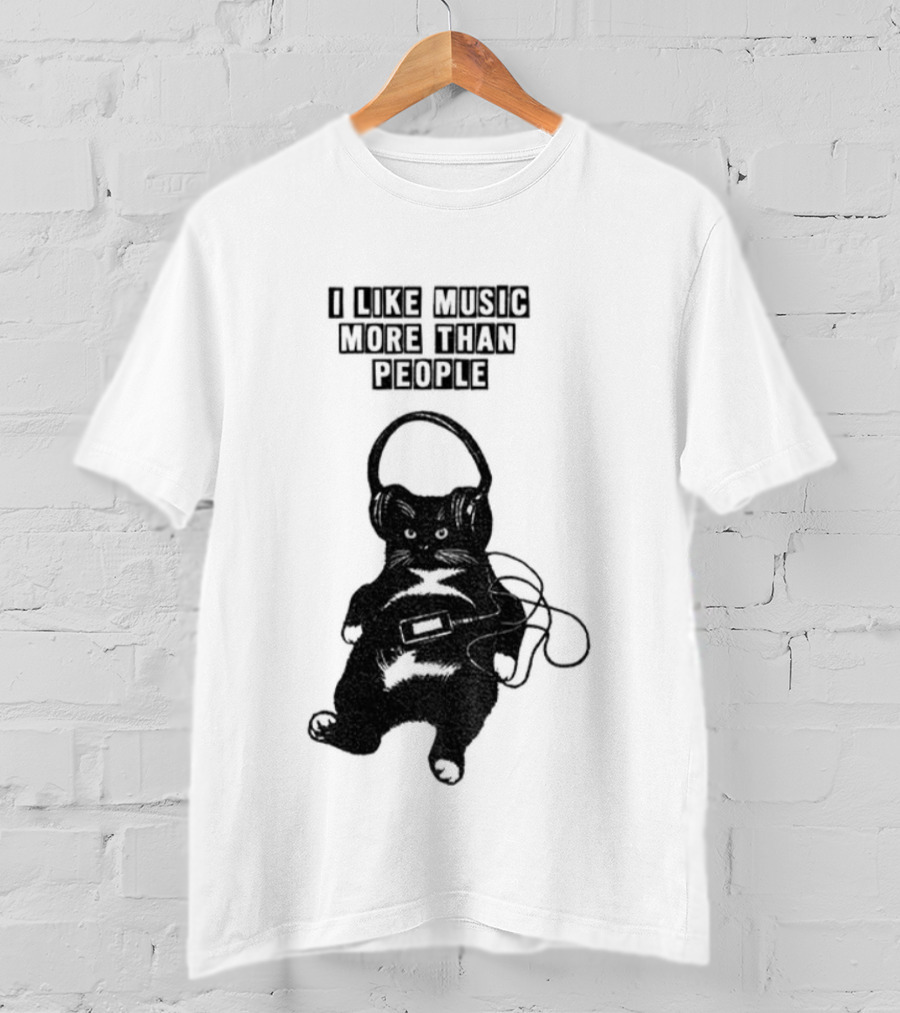 Black Cat With Headphones I Like Music More Than People T-Shirt