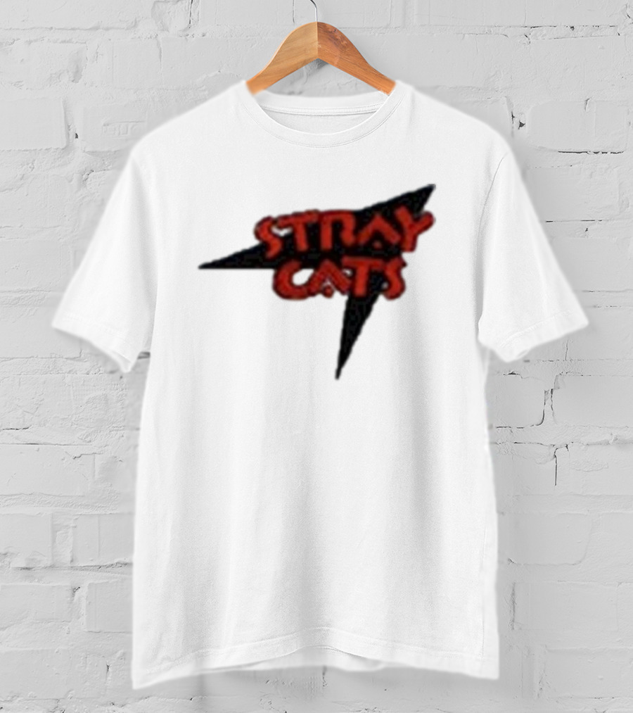Stray Cats Rockabilly Band Red Text With Black Starburst Background T-Shirt