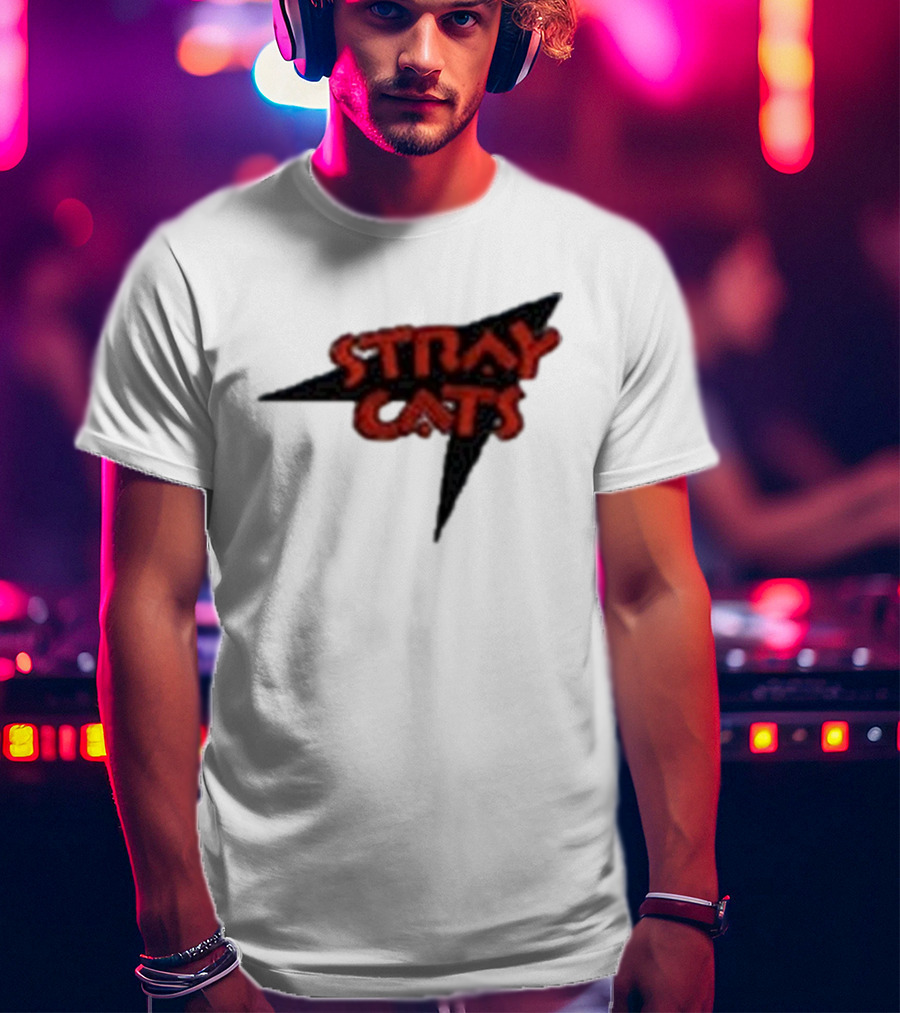 Stray Cats Rockabilly Band Red Text With Black Starburst Background T-Shirt