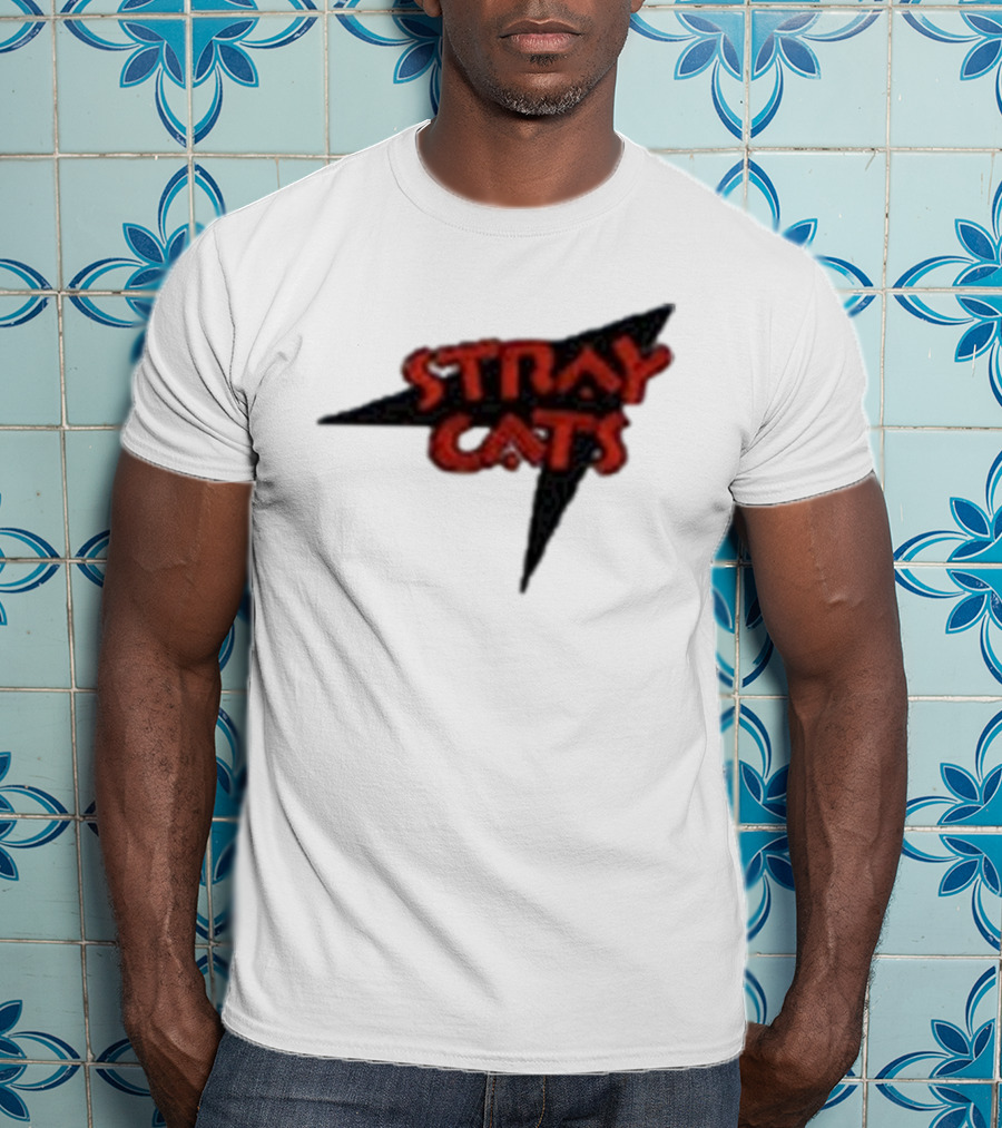 Stray Cats Rockabilly Band Red Text With Black Starburst Background T-Shirt