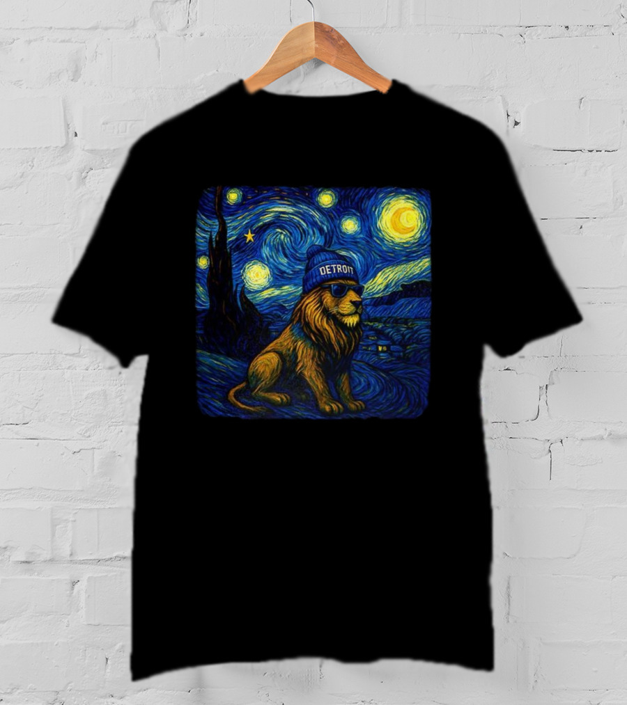Detroit Lions Starry Night Van Gogh Style Lion With Beanie And Sunglasses T-Shirt