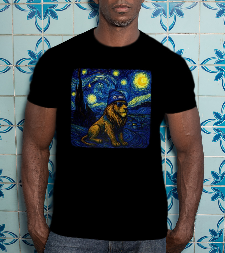 Detroit Lions Starry Night Van Gogh Style Lion With Beanie And Sunglasses T-Shirt