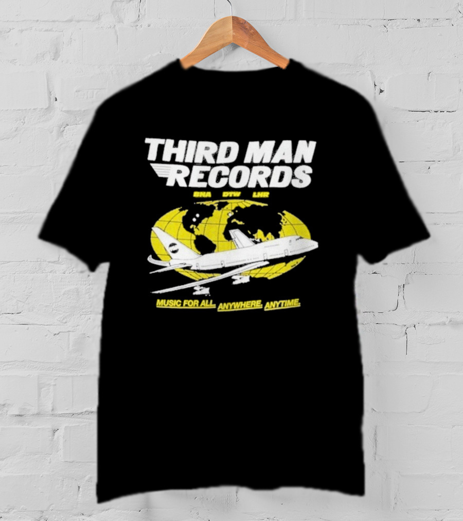 Third Man Records Music For All Anywhere Anytime Globe Plane T-Shirt