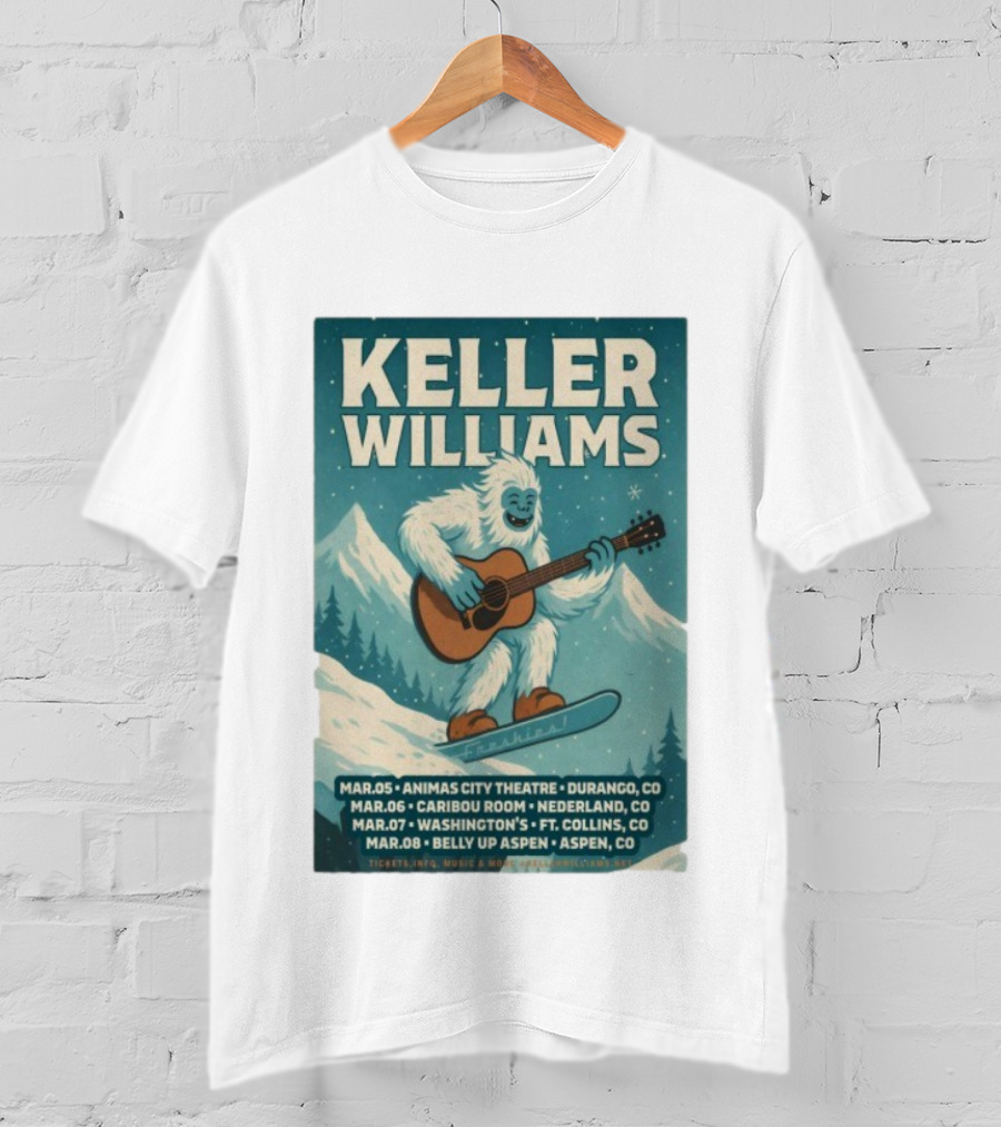 Keller Williams Winter 2026 Tour Guitar Ski Freshies Animas City Durango Caribou Nederland Washington's Fort Collins Belly Up Aspen T-Shirt