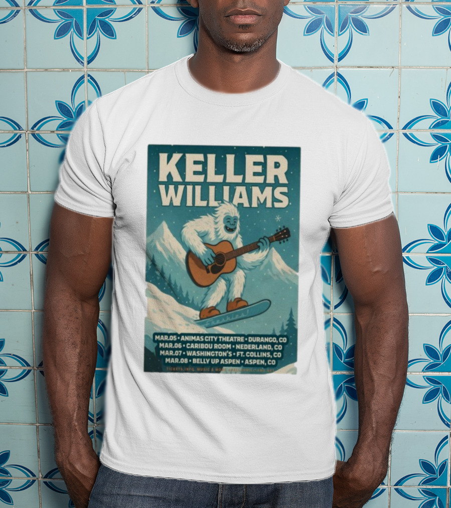 Keller Williams Winter 2026 Tour Guitar Ski Freshies Animas City Durango Caribou Nederland Washington's Fort Collins Belly Up Aspen T-Shirt