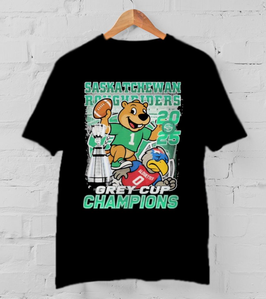 Saskatchewan Roughriders 2025 Grey Cup Champions Trophy Mascot Alouettes T-Shirt