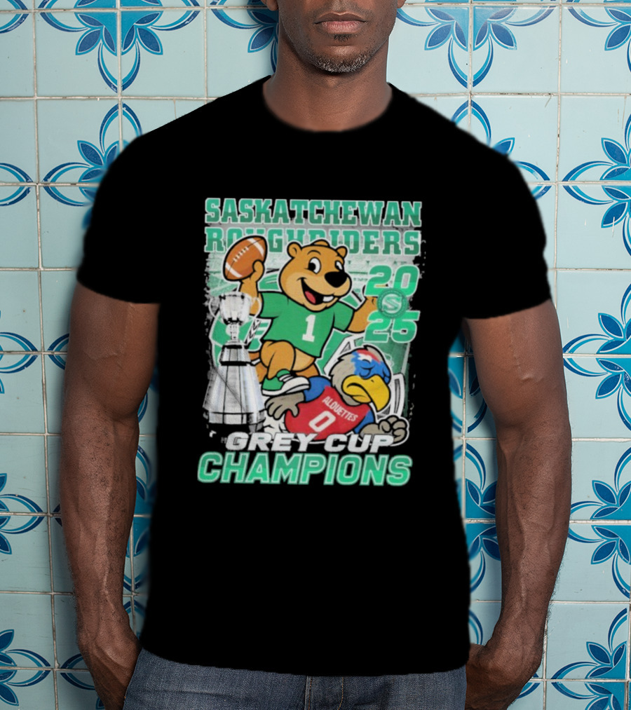 Saskatchewan Roughriders 2025 Grey Cup Champions Trophy Mascot Alouettes T-Shirt