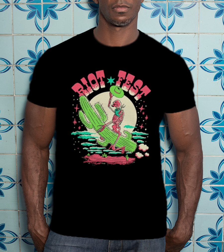 Riot Fest Skeleton Cactus Moon Scene Vintage Style T-Shirt