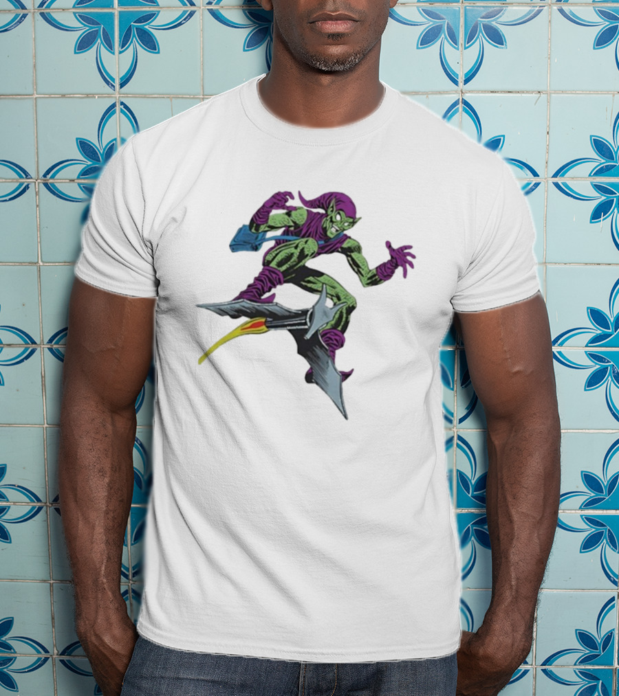 Green Goblin Marvel Character Flying Glider Comic Book Style Artwork T-Shirt