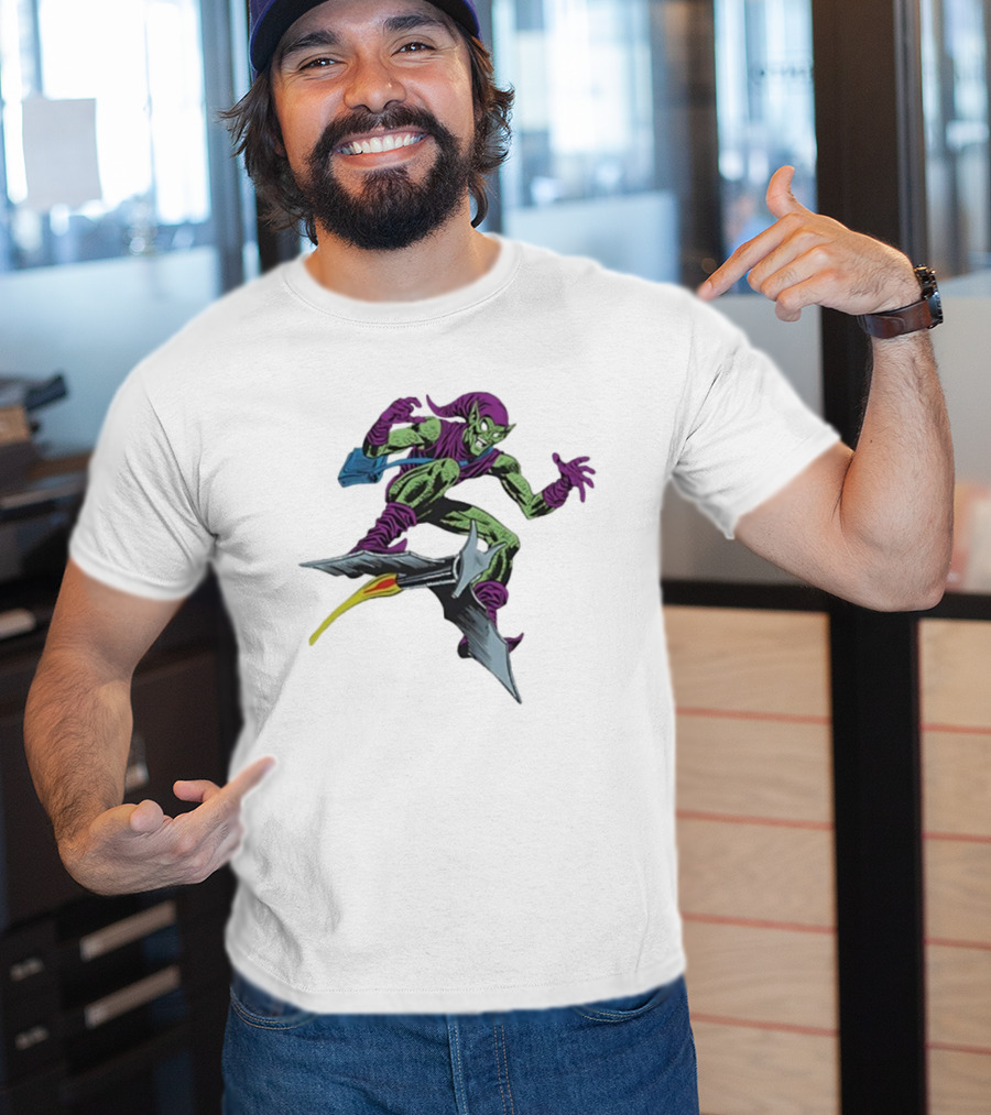 Green Goblin Marvel Character Flying Glider Comic Book Style Artwork T-Shirt