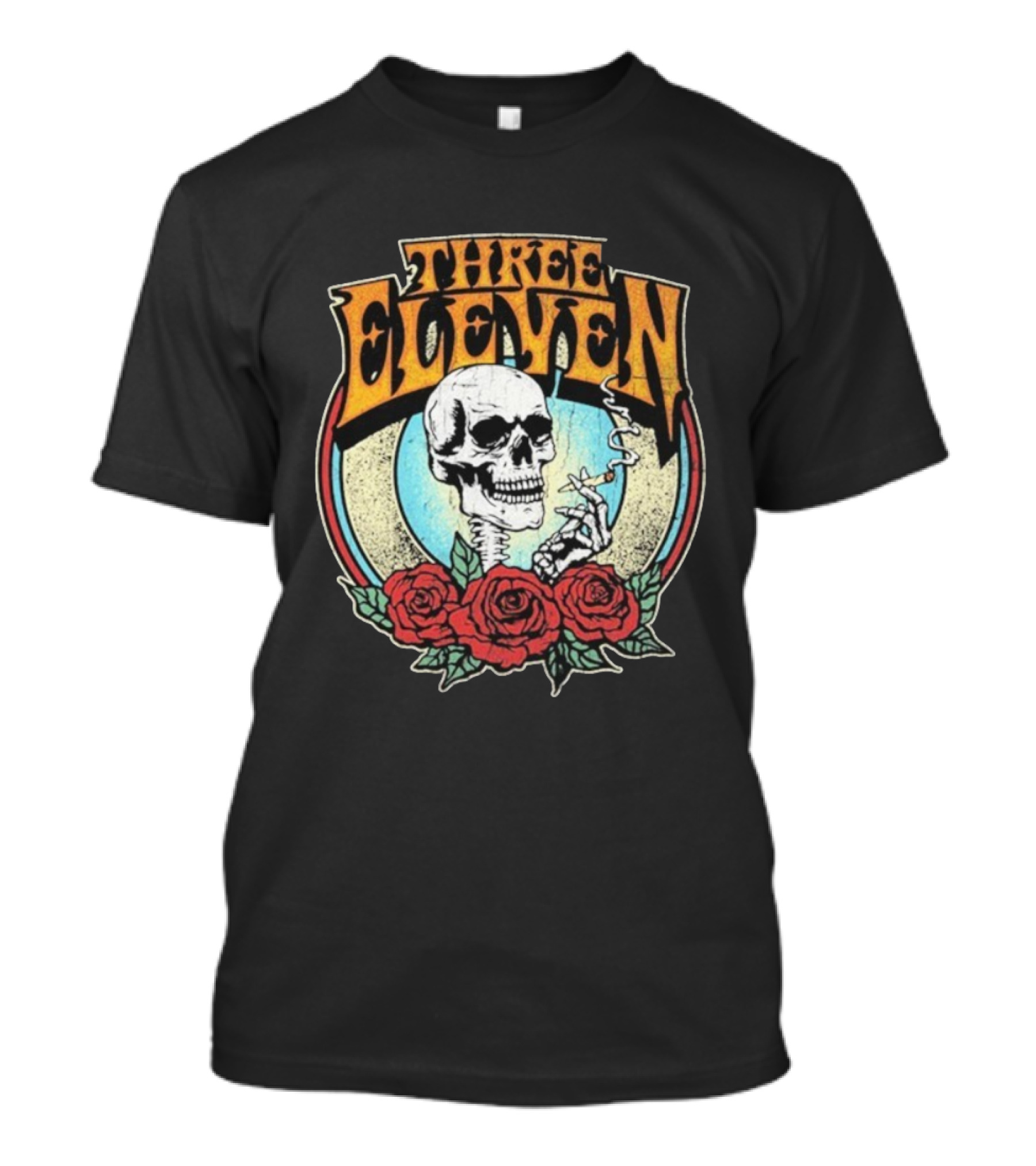 Three Eleven Smoking Skull With Roses Vintage Style T-Shirt