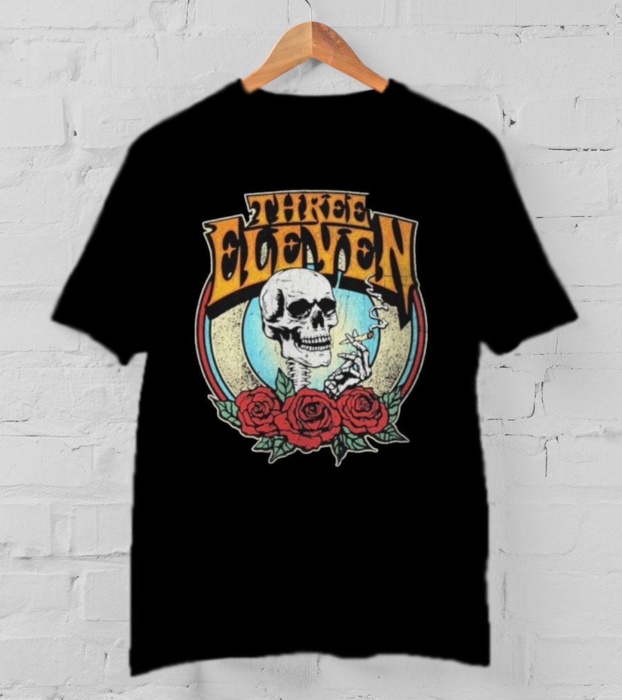 Three Eleven Smoking Skull With Roses Vintage Style T-Shirt