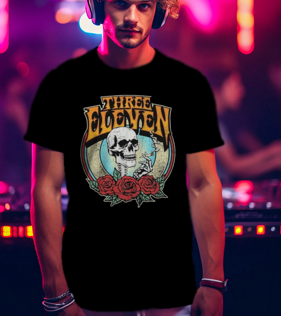 Three Eleven Smoking Skull With Roses Vintage Style T-Shirt