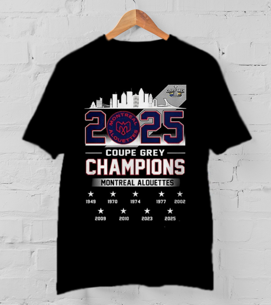 Montreal Alouettes 2025 Coupe Grey Champions City Skyline 1949-2002 T-Shirt