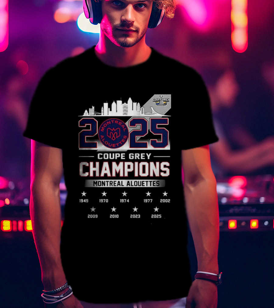 Montreal Alouettes 2025 Coupe Grey Champions City Skyline 1949-2002 T-Shirt