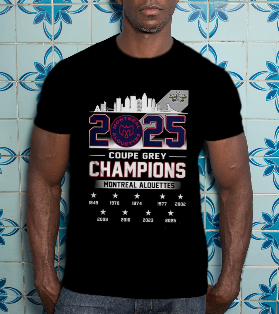 Montreal Alouettes 2025 Coupe Grey Champions City Skyline 1949-2002 T-Shirt