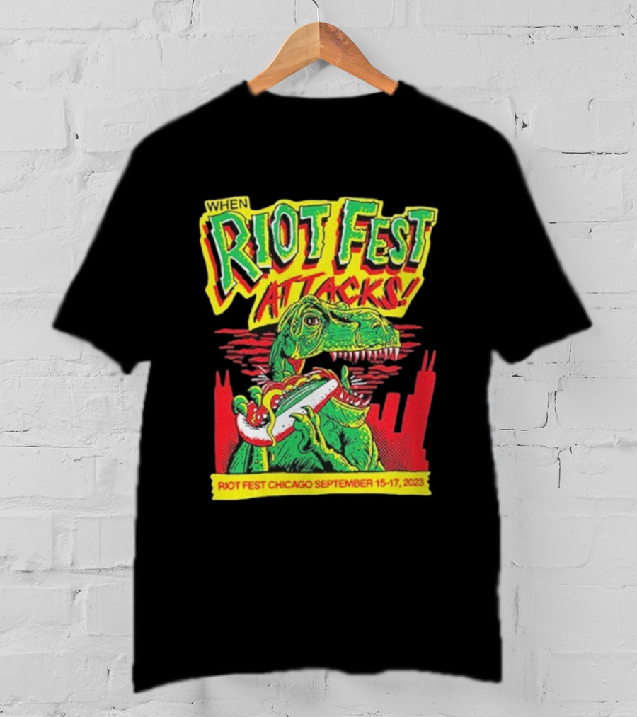 When Riot Fest Attacks Chicago September 15-17 2023 Dinosaur Hot Dog Skyline T-Shirt