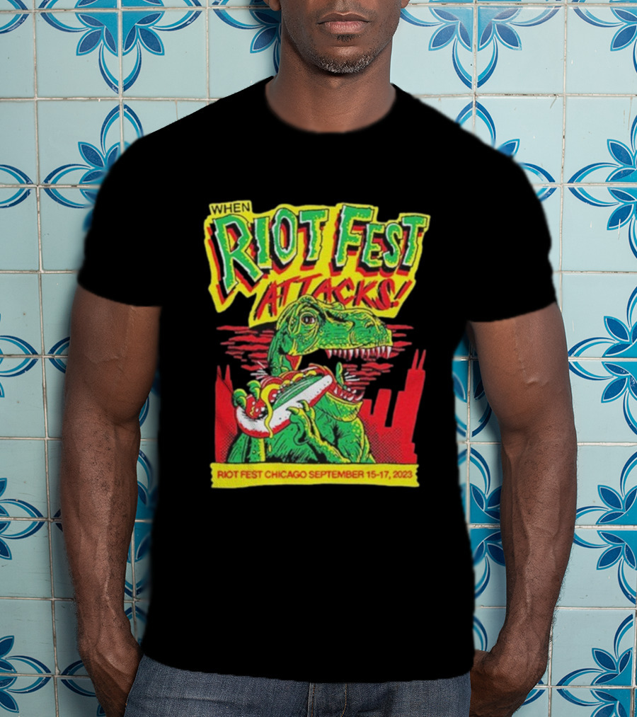 When Riot Fest Attacks Chicago September 15-17 2023 Dinosaur Hot Dog Skyline T-Shirt