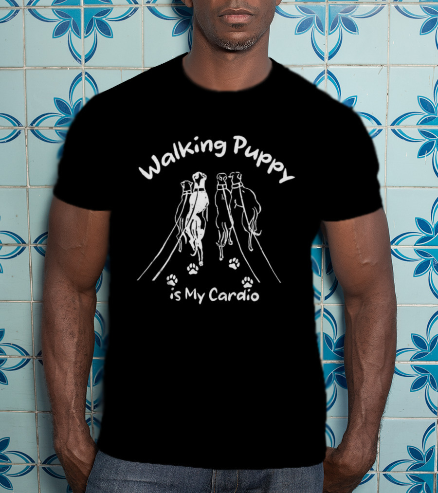 Walking Puppy Is My Cardio Sketch Paws And Leashes T-Shirt
