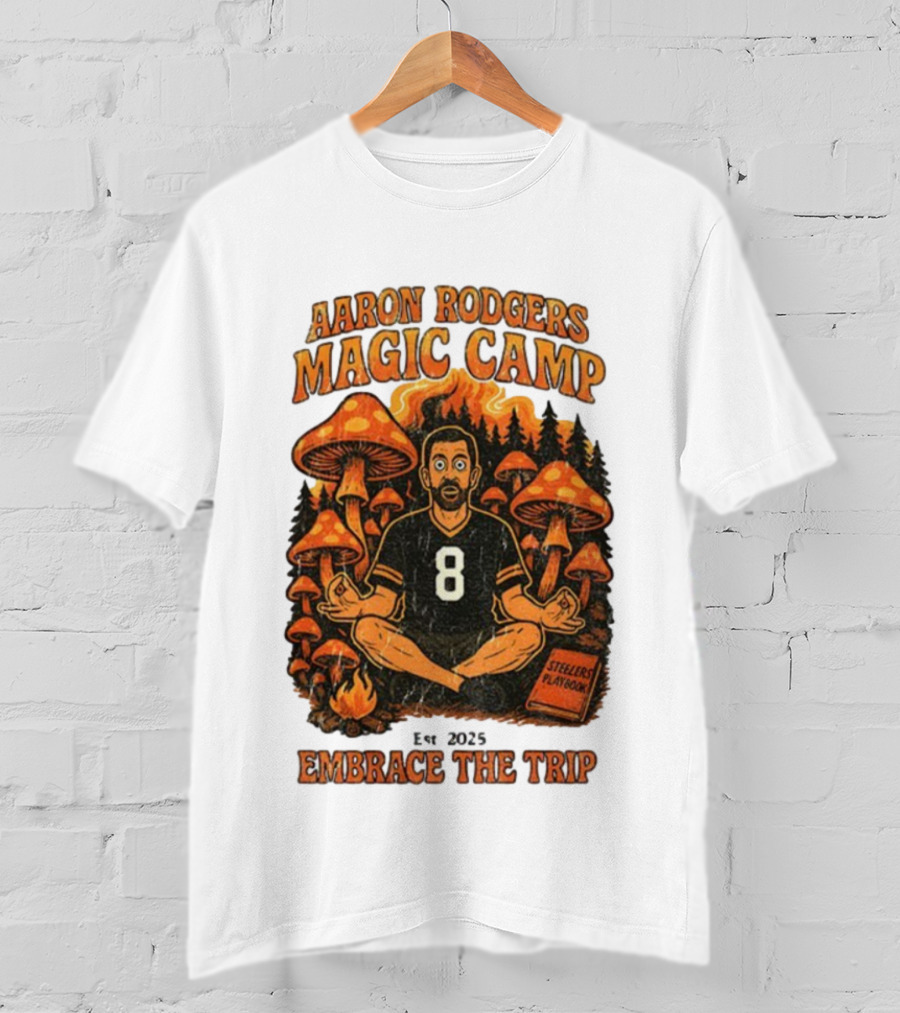 Aaron Rodgers Magic Camp Embrace The Trip Steelers Playbook Vintage 2025 Psychedelic Meditation Mushrooms T-Shirt