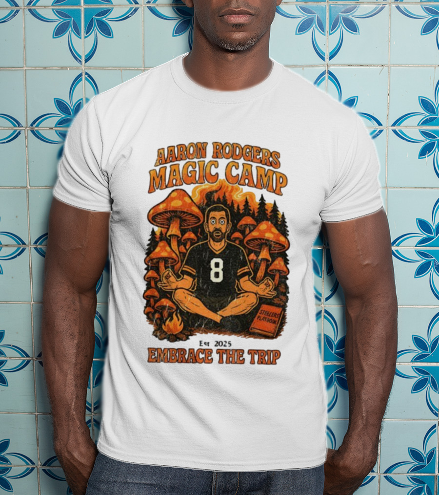 Aaron Rodgers Magic Camp Embrace The Trip Steelers Playbook Vintage 2025 Psychedelic Meditation Mushrooms T-Shirt
