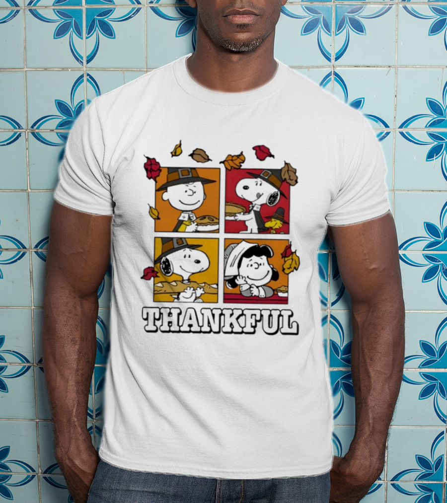Snoopy Pilgrim Thanksgiving Thankful Leaves And Pie T-Shirt