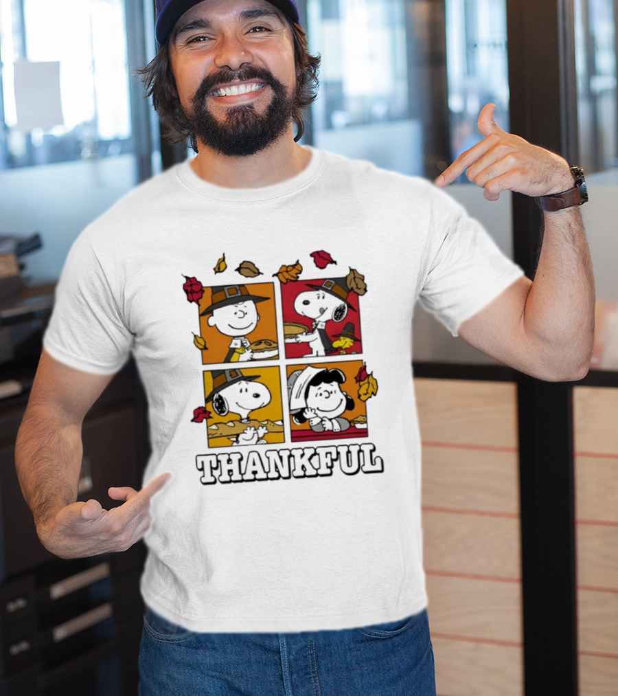 Snoopy Pilgrim Thanksgiving Thankful Leaves And Pie T-Shirt