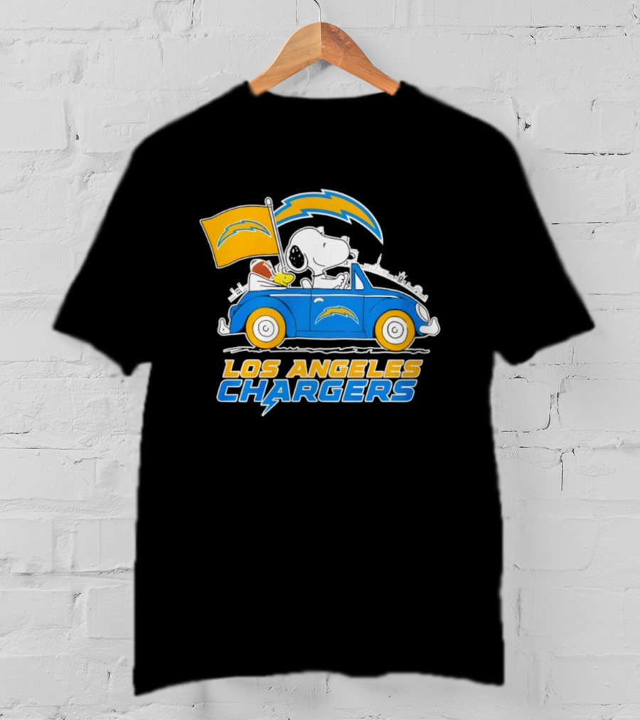 Los Angeles Chargers Snoopy Woodstock Driving Car Peanuts NFL Logo T-Shirt