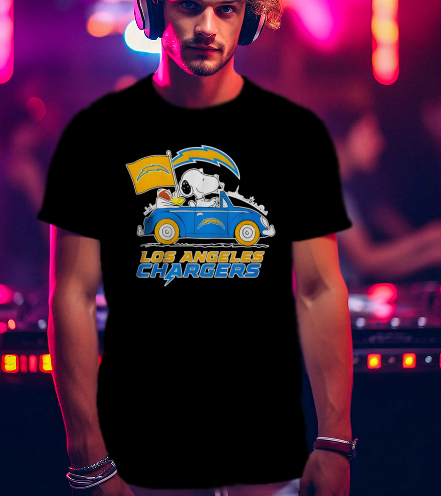 Los Angeles Chargers Snoopy Woodstock Driving Car Peanuts NFL Logo T-Shirt