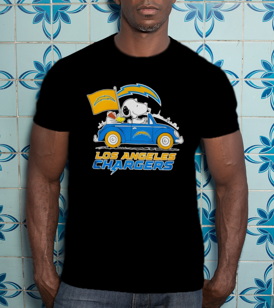 Los Angeles Chargers Snoopy Woodstock Driving Car Peanuts NFL Logo T-Shirt