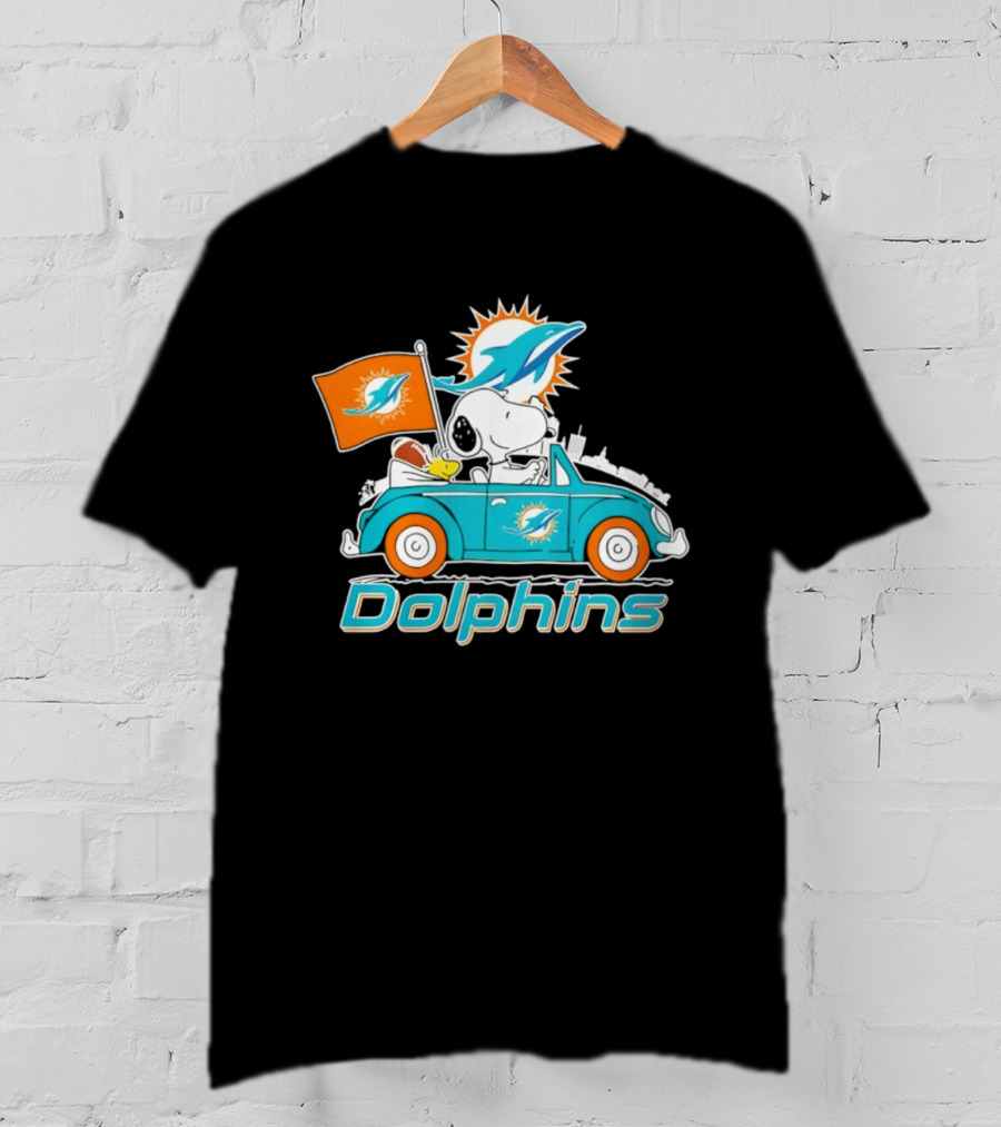 Miami Dolphins Snoopy Woodstock Driving With Flag And Logo T-Shirt
