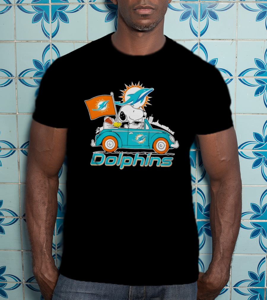 Miami Dolphins Snoopy Woodstock Driving With Flag And Logo T-Shirt