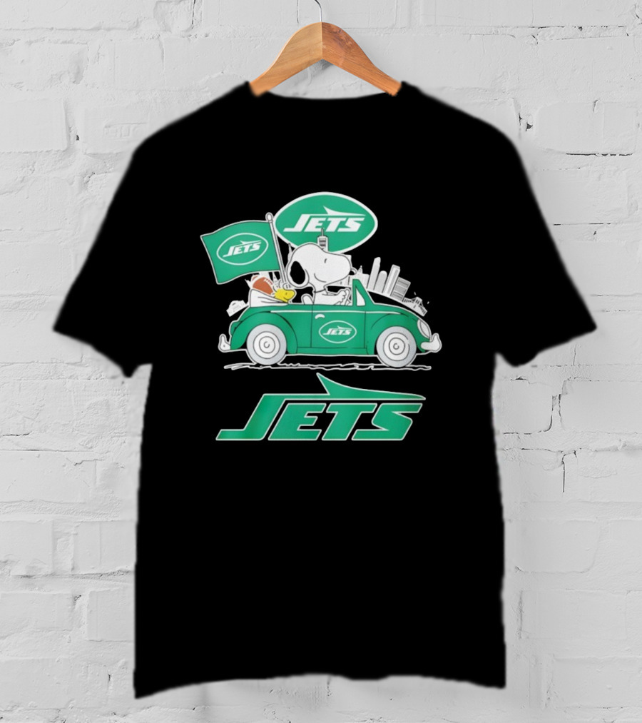 New York Jets Snoopy And Woodstock Driving City Adventure T-Shirt