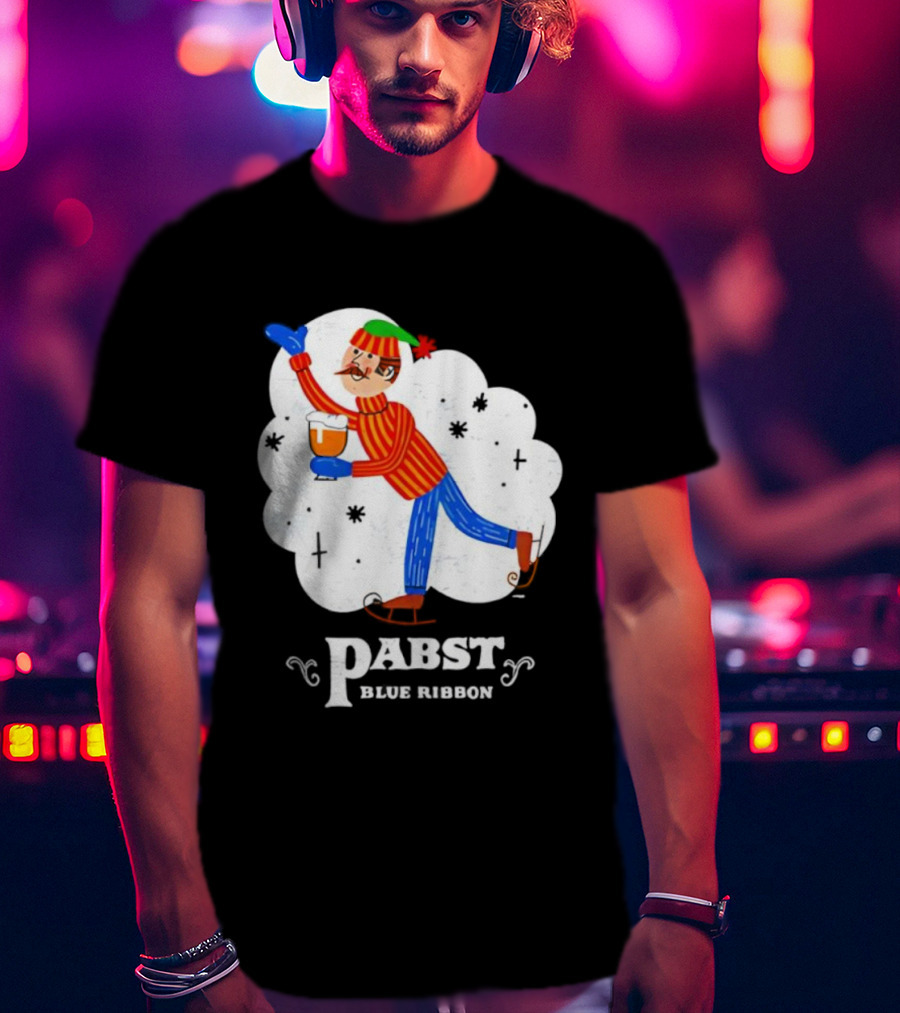 Pabst Blue Ribbon Vintage Holiday Ice Skating Elf T-Shirt