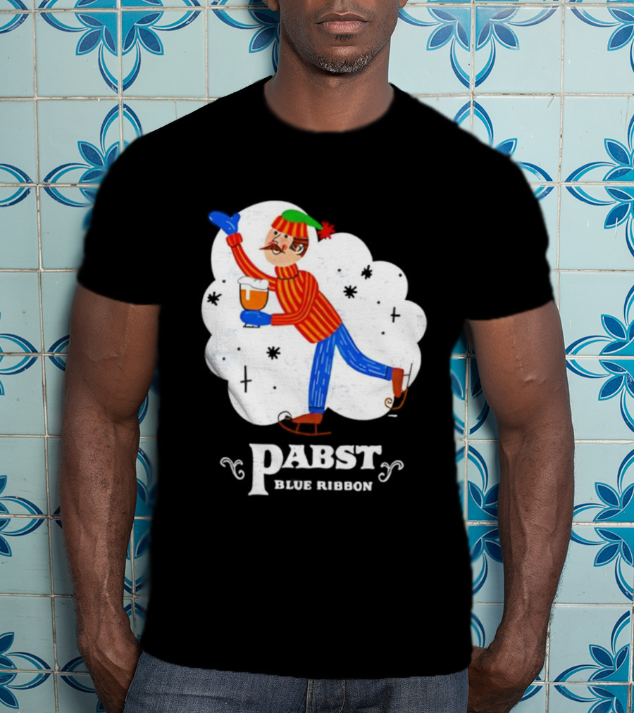Pabst Blue Ribbon Vintage Holiday Ice Skating Elf T-Shirt