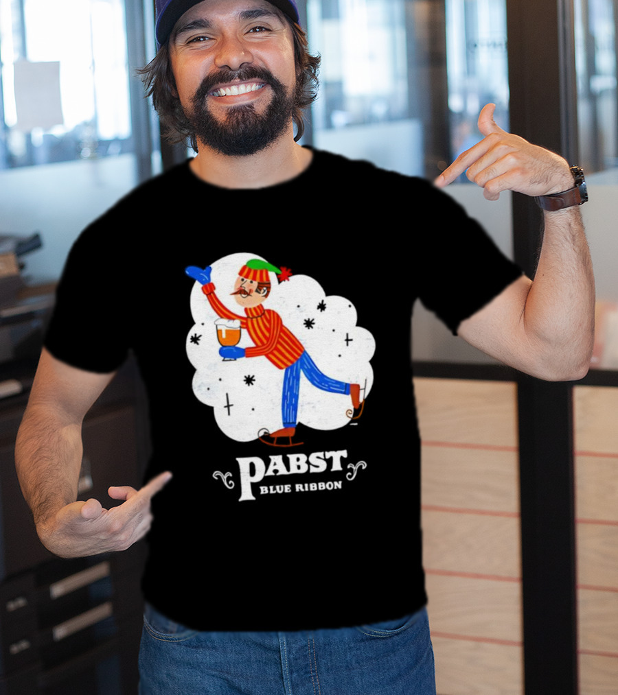 Pabst Blue Ribbon Vintage Holiday Ice Skating Elf T-Shirt