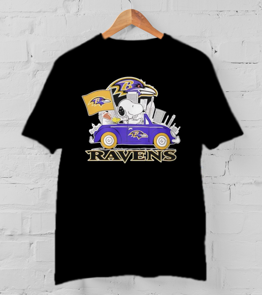 Snoopy Driving Baltimore Ravens Car Peanuts Collaboration With Flag And Raven Logo T-Shirt