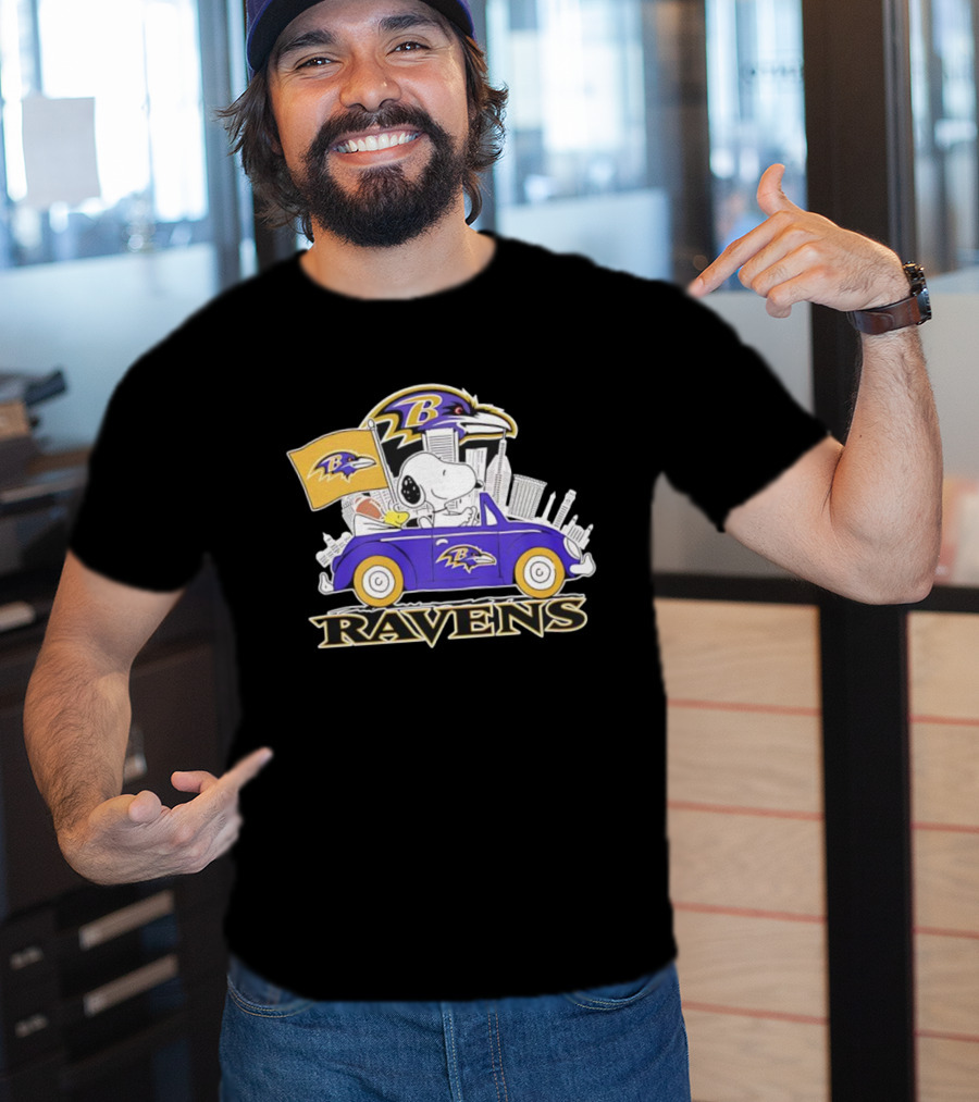 Snoopy Driving Baltimore Ravens Car Peanuts Collaboration With Flag And Raven Logo T-Shirt