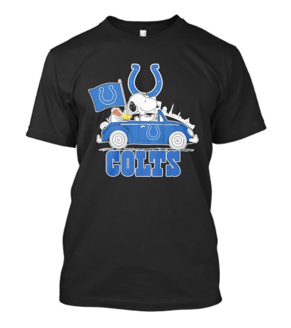 Peanuts Indianapolis Colts Snoopy Driving Car With Mascot Flag T-Shirt